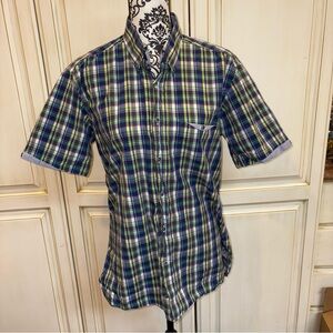 Kigili Size Large Blue, Yellow, Green, Red, and White Plaid Button Down Shirt